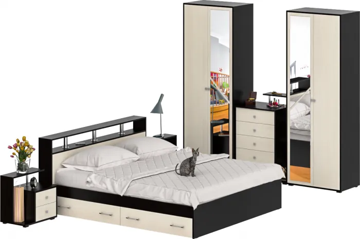 Камелия спальня № 11 Кровать с ящиками 1800 + Две тумбы + Комод + Шкаф 4-х створчатый, цвет венге/дуб лоредо, сп.м. 1800х2000 мм., б/м, основание есть