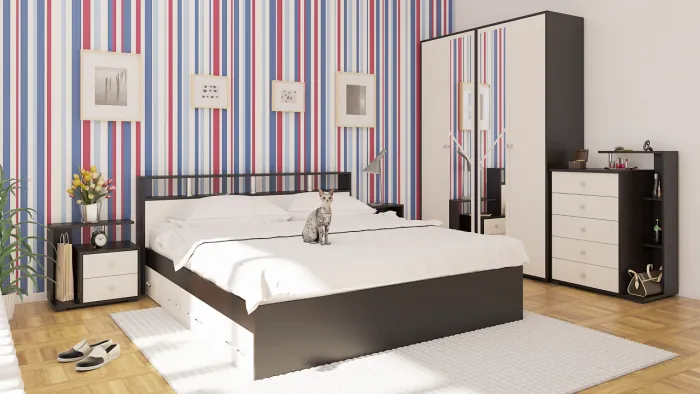 Камелия спальня № 11 Кровать с ящиками 1800 + Две тумбы + Комод + Шкаф 4-х створчатый, цвет венге/дуб лоредо, сп.м. 1800х2000 мм., б/м, основание есть