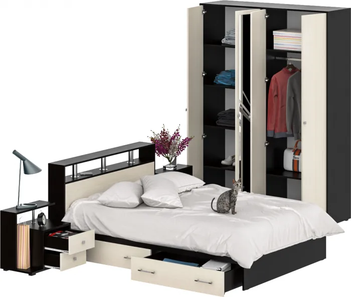 Камелия спальня № 8 Кровать с ящиками 1400 + Две тумбы + Шкаф 4-х створчатый, цвет венге/дуб лоредо, сп.м. 1400х2000 мм., б/м, основание есть