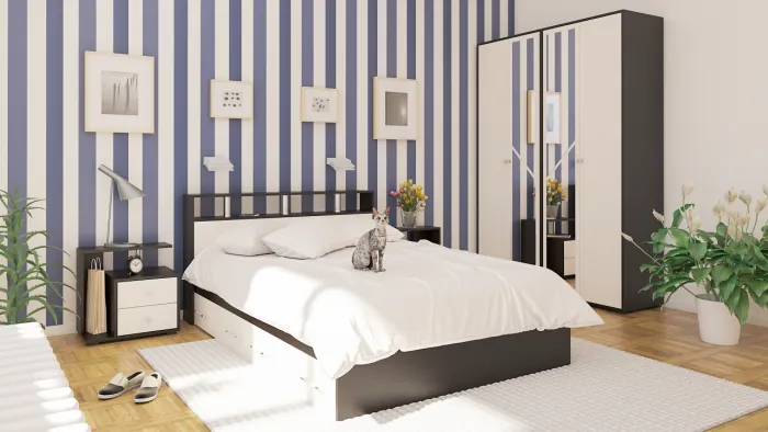 Камелия спальня № 8 Кровать с ящиками 1400 + Две тумбы + Шкаф 4-х створчатый, цвет венге/дуб лоредо, сп.м. 1400х2000 мм., б/м, основание есть