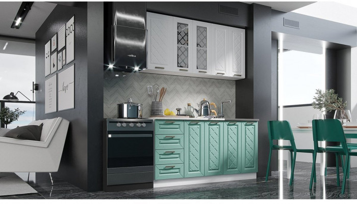 Кухня МДФ Агава 1600 (Акация белая / Аква, Белый)