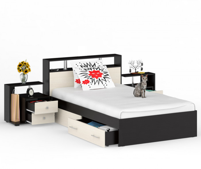 Камелия Кровать с ящиками 1200 + две тумбы, венге/дуб лоредо