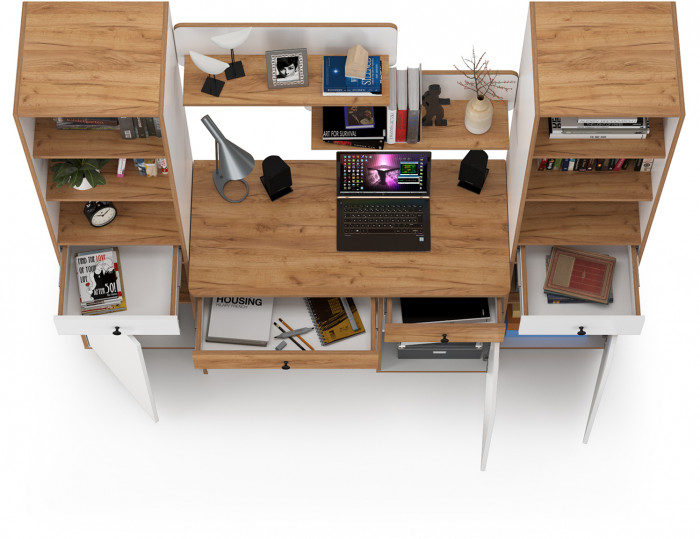 Вуди Компоновка № 09, цвет белый премиум/дуб крафт золотой, ШхГхВ 200х52,7х180,3 см., универсальная сборка