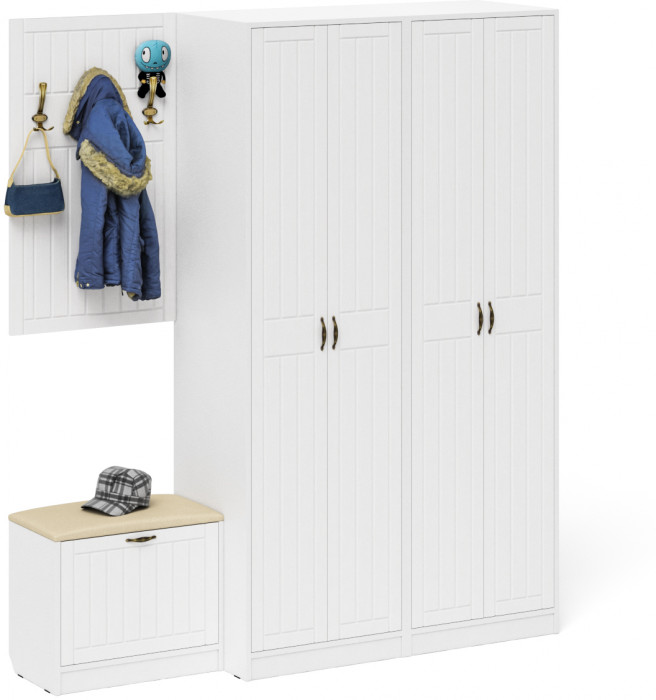 Прихожая П-6 Компоновка № 09, цвет белая шагрень/фасады МДФ белое дерево фрезеровка прованс, ШхГхВ 180х50х210 см., универсальная сборка