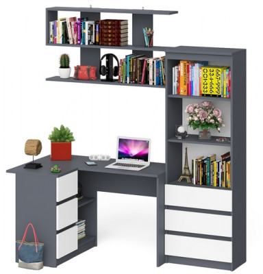 Мори компьютерный стол МС-16 левый + Стеллаж МСТ600.3 + Полка 1200, графит/белый