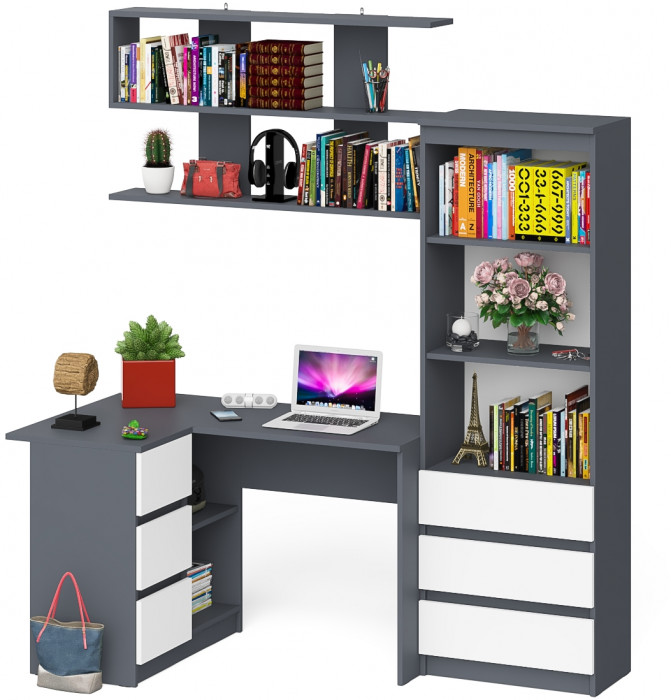Мори компьютерный стол МС-16 левый + Стеллаж МСТ600.3 + Полка 1200, графит/белый