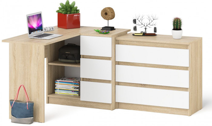 Мори Стол компьютерный МС-16 правый + Комод МК800.1, цвет дуб сонома/белый, ШхГхВ 204,8х84,9х76,6 см., выдвижные ящики справа, НЕ универсальная сборка
