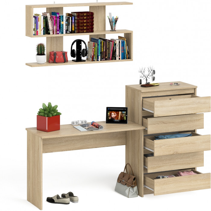 Мори Стол письменный МСП1200.1 + Комод МК700.5 + Полка 1200, цвет дуб сонома, ШхГхВ 190,8х50х209,6 см., универсальная сборка