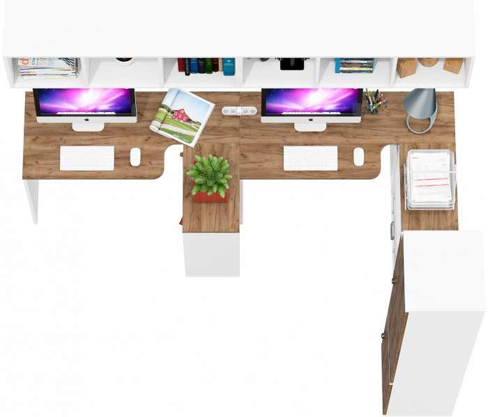 Лидер-8 Стол + Полка + Стол + Полка + Пенал МД 21Б + Тумба МД 3.15, белый шагрень/крафт золото