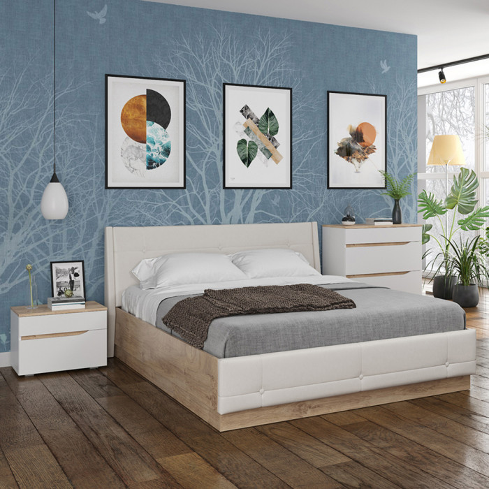 Муссон Кровать 11.28 + подъёмный ортопед + Тумба 16.03 + Комод 13.97, цвет белый/дуб эндгрейн элегантный/кожзам белый, сп. м. 1600х2000 мм., б/м