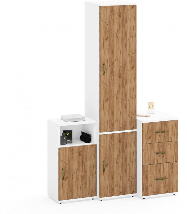 Лидер-8 Пенал МД 21Б + Тумба МД 3.16 + Тумба МД 3.19, белый шагрень/крафт золото