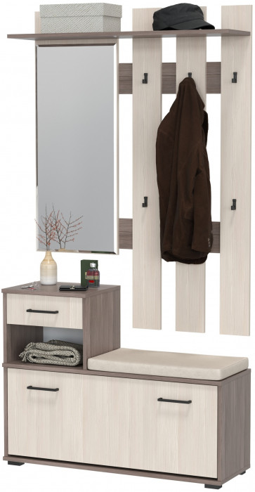 Лира ГК Прихожая 1 2-0714+2-3814 Тумба под обувь + Вешалка с зеркалом, цвет бодега тёмный/бодега светлый, ШхГхВ 100х33х185 см., универсальная сборка
