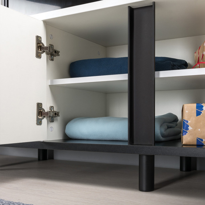 Муссон Кровать 11.28 + подъёмный ортопед + Тумба 16.03 + Тумба ТВ 13.276, цвет белый/чёрный/дуб эндгрейн элегантный/кожзам белый, 1600х2000 мм., б/м