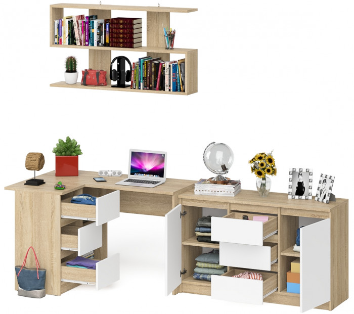 Мори компьютерный стол МС-16 левый + Комод МК1200.3 + Полка 1200, дуб сонома/белый