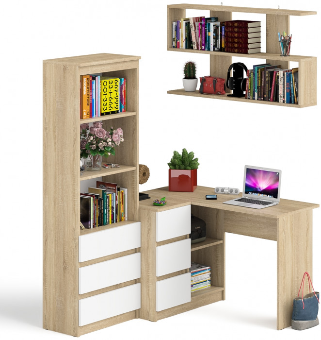Мори компьютерный стол МС-16 левый + Стеллаж МСТ600.3 + Полка 1200, дуб сонома/белый