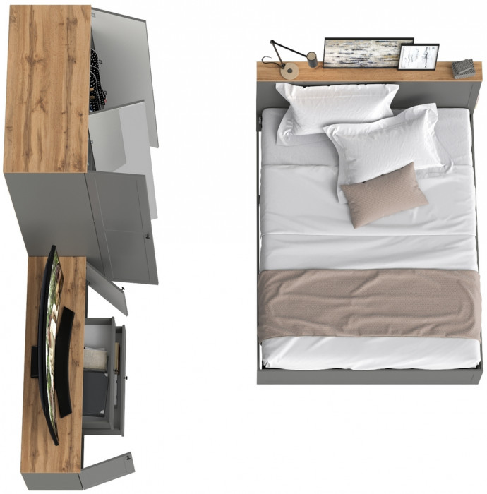 Остин 11.53 Кровать + ортопед + 13.336.03 Шкаф для одежды + 16.47 Тумба под ТВ, серый графит/дуб крафт золотой