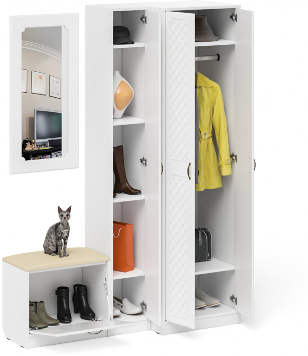 Прихожая П-6 Компоновка № 26, цвет белая шагрень/фасады МДФ белое дерево фрезеровка ромб, ШхГхВ 150х50х210 см., универсальная сборка