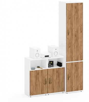 Лидер-8 Пенал МД 21Б + Тумба МД 3.19 + Тумба МД 3.19, белый шагрень/крафт золото