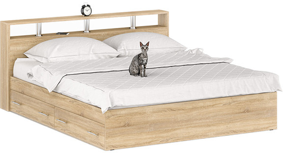 Камелия Кровать с ящиками 1800, цвет дуб сонома, ШхГхВ 183,5х217х78,2 см., сп.м. 1800х2000 мм., без матраса, основание есть