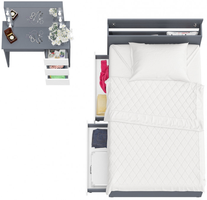 Ксения Кровать с ящиками 1200 + Стол косметический с подсветкой Сура, графит/белый