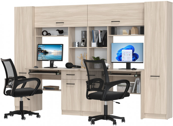 Два стола рабочих 6-0603 Альфа + два кресла 103 чёрных, цвет ясень шимо светлый, ШхГхВ 274х61х181 см., универсальная сборка