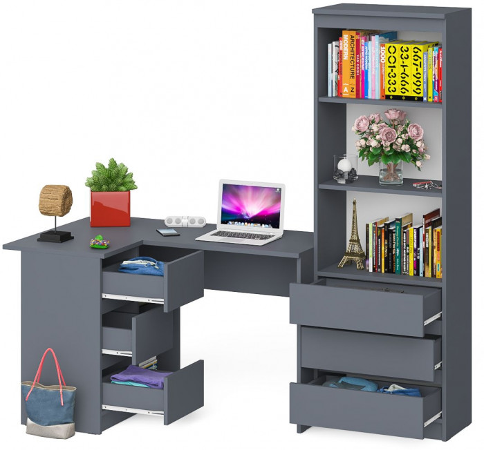 Мори компьютерный стол МС-16 левый + Стеллаж МСТ600.3, графит