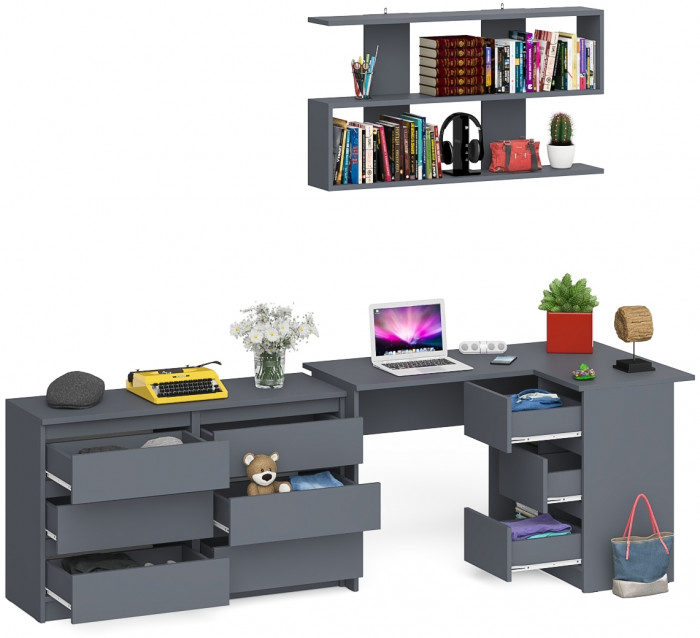 Мори компьютерный стол МС-16 правый + Комод МК1200.6 + Полка 1200, графит