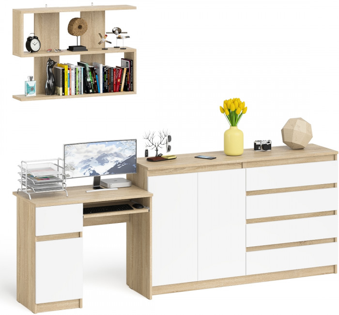Мори Стол компьютерный МС-1 левый + Комод МК1600.1 + Полка 900, цвет дуб сонома/белый, ШхГхВ 250,4х50х209,6 см., НЕ универсальная сборка