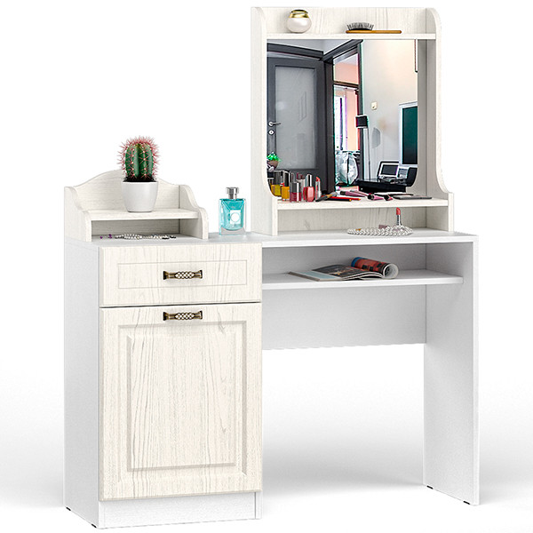 Ливерпуль Стол туалетный 12.46 + Полка 10.118 + Полка 10.117, цвет ясень ваниль/белый, ШхГхВ 119,8х41,3х152,3 см., НЕ универсальная сборка