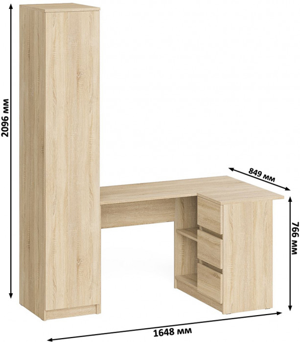 Мори Стол компьютерный МС-16 правый + Пенал МШ400.1, цвет дуб сонома, ШхГхВ 164,8х84,9х209,6 см., выдвижные ящики справа, НЕ универсальная сборка