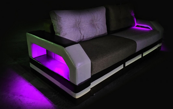 Диван еврокнижка Манчестер с подсветкой, 160 рогожка серая/экокожа черная