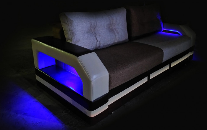 Диван еврокнижка Манчестер с подсветкой, 160 рогожка серая/экокожа черная