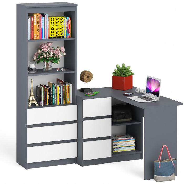 Мори компьютерный стол МС-16 левый + Стеллаж МСТ600.3, графит/белый