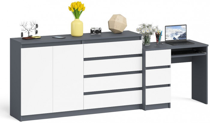 Мори компьютерный стол МС-6 левый + Комод МК1600.1, графит/белый