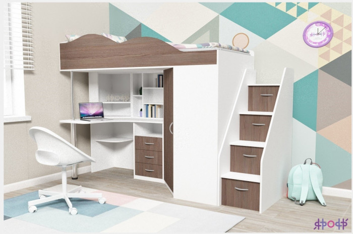 Кровать-чердак Пионер 1 (Дуб молочный/Ирис)