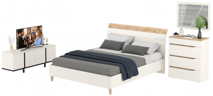 Муссон Кровать 11.41 + ортопед + 13.97 + Зеркало СВК + Тумба ТВ 13.276, цвет белый/чёрный/дуб эндгрейн элегантный, сп. м. 1600х2000 мм., б/м