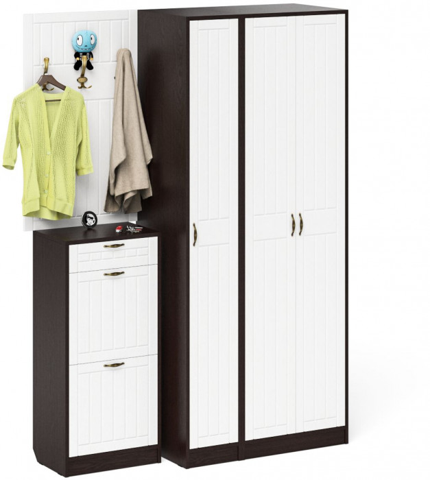 Прихожая П-6 Компоновка № 50, цвет венге/фасады МДФ белое дерево фрезеровка прованс, ШхГхВ 150х50х210 см., универсальная сборка