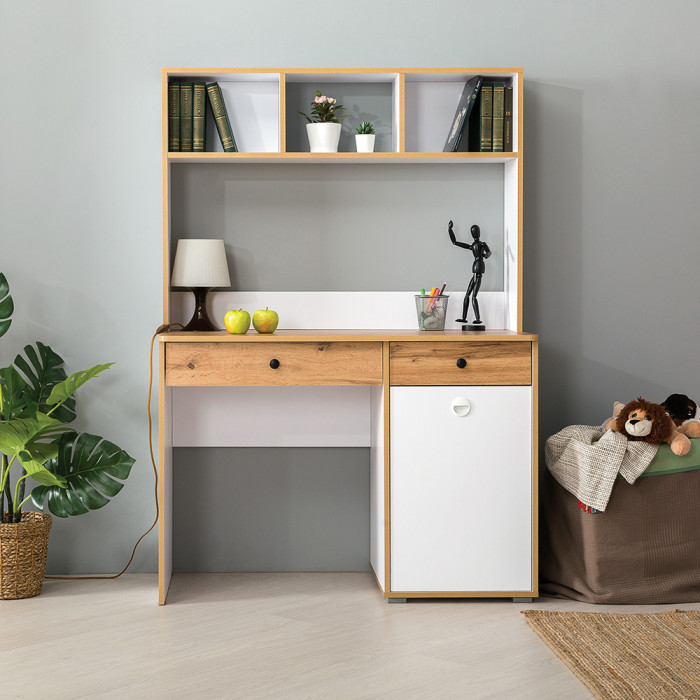 Вуди письменный стол 12.42 + Надстройка на стол 13.161, белый премиум/дуб крафт золотой