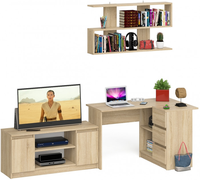 Мори компьютерный стол МС-16 правый + Тумба МТВ1200.1 + Полка 1200, дуб сонома