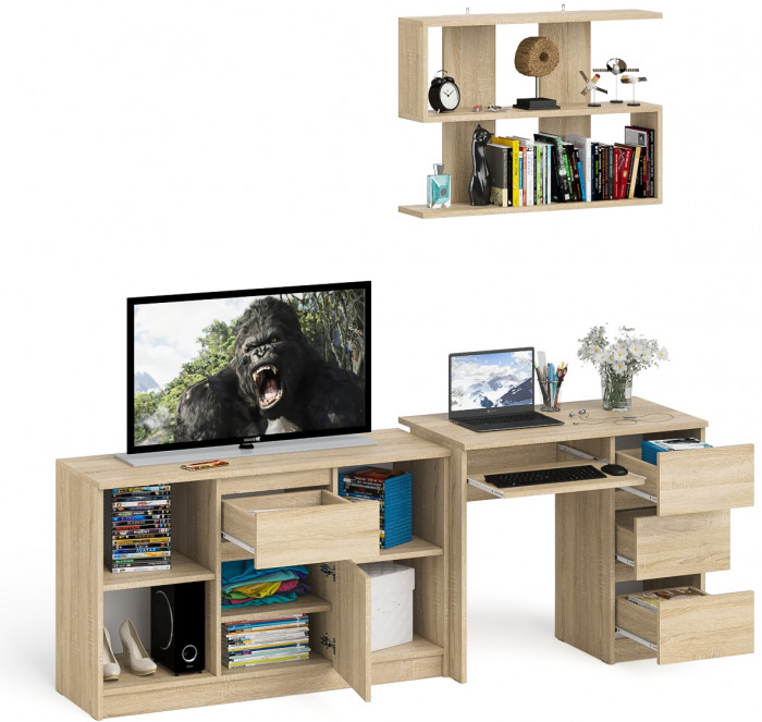Мори компьютерный стол МС-6 правый + Тумба МТВ1204.1 + Полка 900, дуб сонома