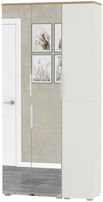 Октава 13.338 Шкаф для одежды + 13.228 Пенал, белый шагрень/дуб крафт золотой/фасады МДФ белый шагрень/зеркало