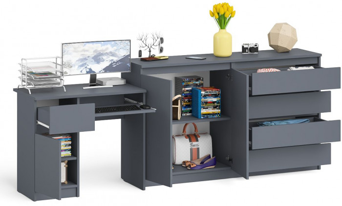 Мори Стол компьютерный МС-1 левый + Комод МК1600.1, цвет графит, ШхГхВ 250,4х50х94 см., выдвижной ящик слева, НЕ универсальная сборка
