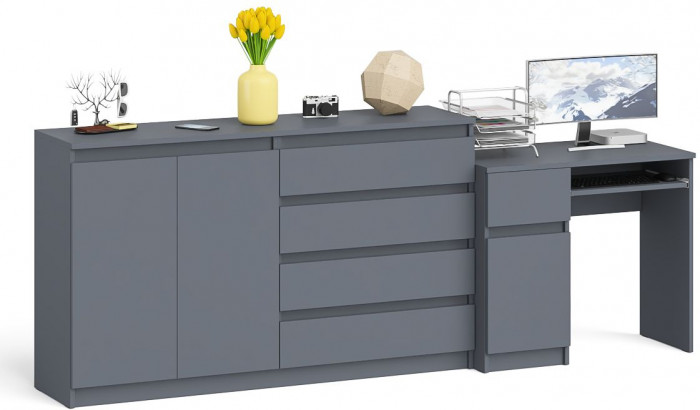 Мори Стол компьютерный МС-1 левый + Комод МК1600.1, цвет графит, ШхГхВ 250,4х50х94 см., выдвижной ящик слева, НЕ универсальная сборка
