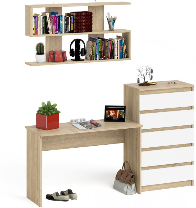 Мори письменный стол МСП1200.1 + Комод МК700.5 + Полка 1200, дуб сонома/белый