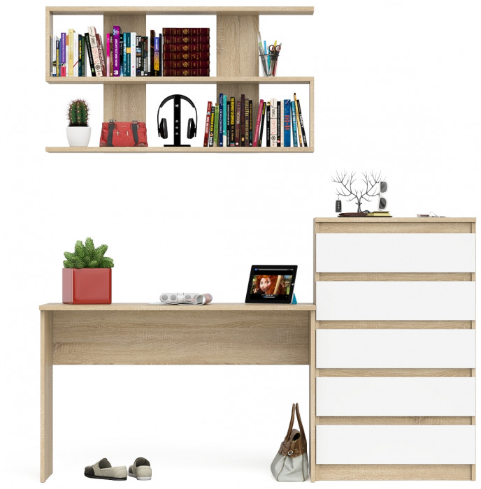 Мори письменный стол МСП1200.1 + Комод МК700.5 + Полка 1200, дуб сонома/белый
