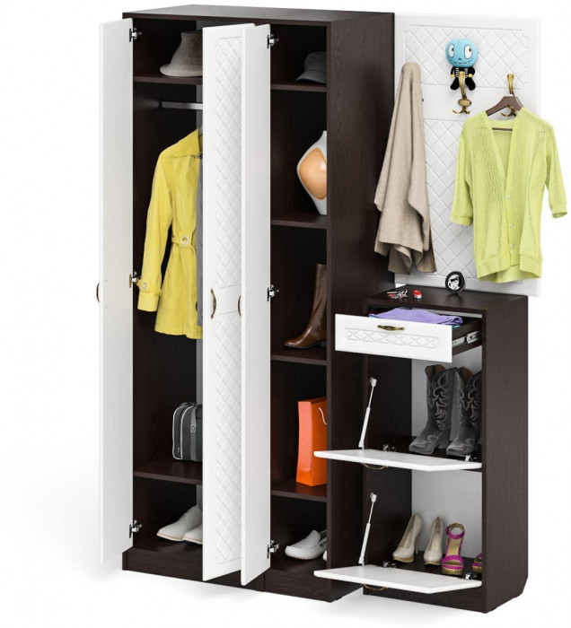 Прихожая П-6 Компоновка № 50, цвет венге/фасады МДФ белое дерево фрезеровка ромб, ШхГхВ 150х50х210 см., универсальная сборка