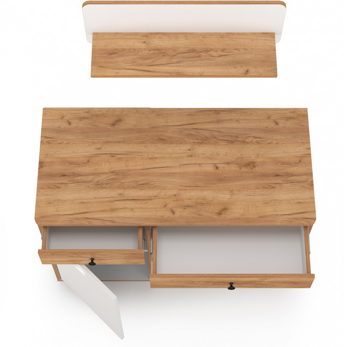 Вуди письменный стол 12.42 + Полка 15.46, белый премиум/дуб крафт золотой