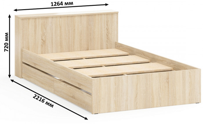 Ксения Кровать с ящиками 1200 + Стол косметический с подсветкой Сура, дуб сонома