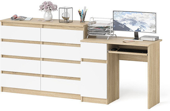 Мори компьютерный стол МС-1 левый + Комод МК1200.8, дуб сонома/белый
