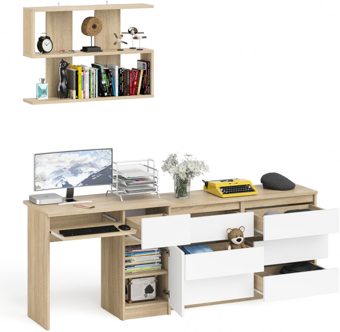 Мори компьютерный стол МС-1 правый + Комод МК1200.6 + Полка 900, дуб сонома/белый